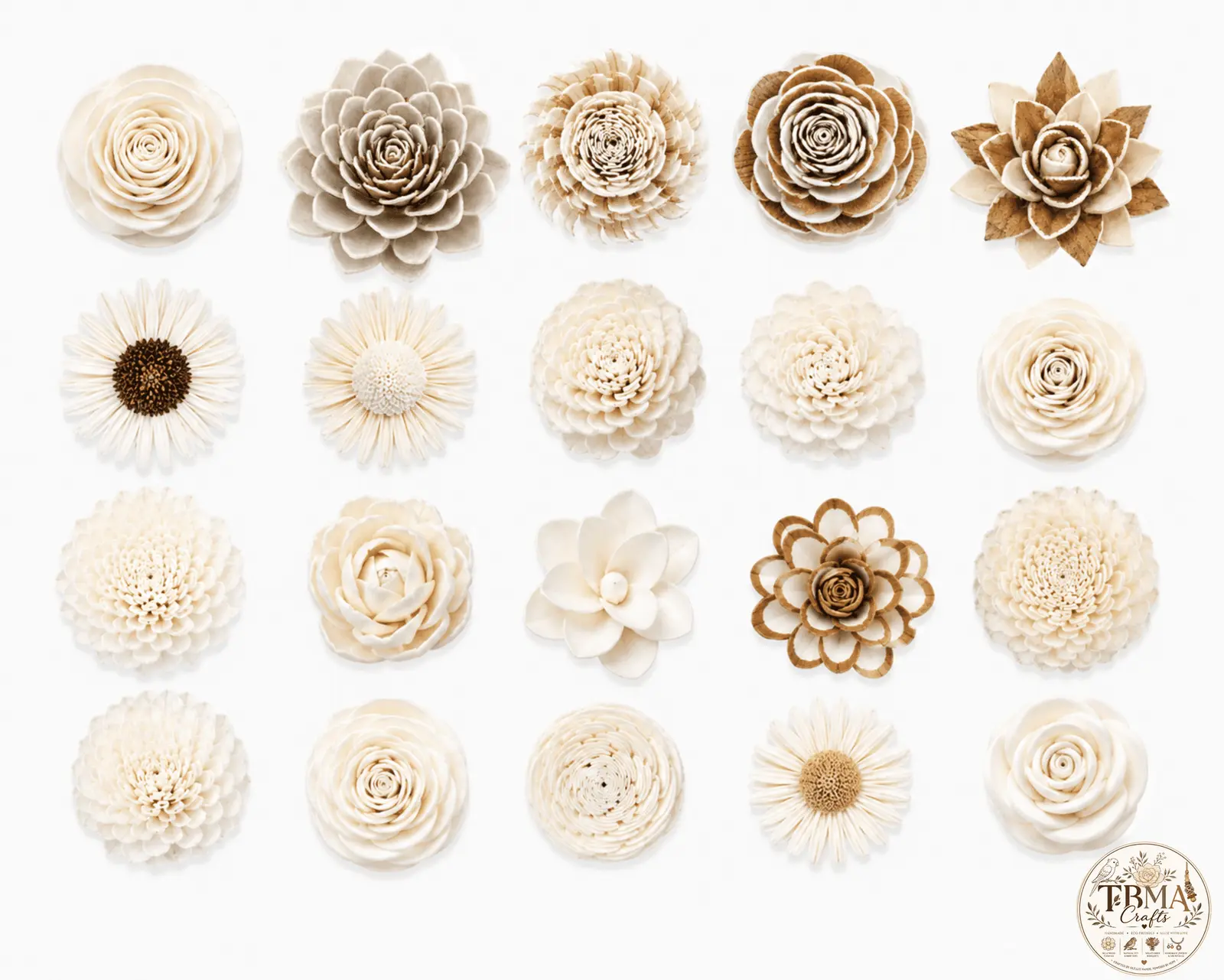 Natural White & Bark Sola Wood Flowers Assortment (25 varieties) The Ultimate Mega Mix Value Pack