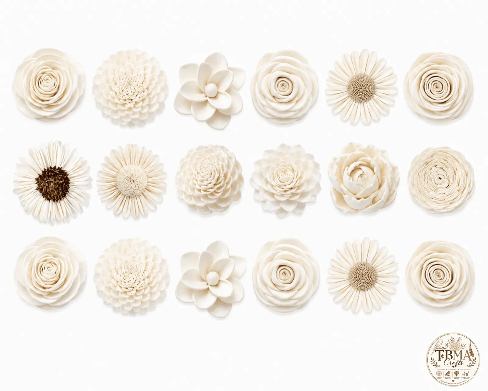 Natural White Sola Wood Flowers Assortment (18 varieties) Premium Mix & Match Value Pack