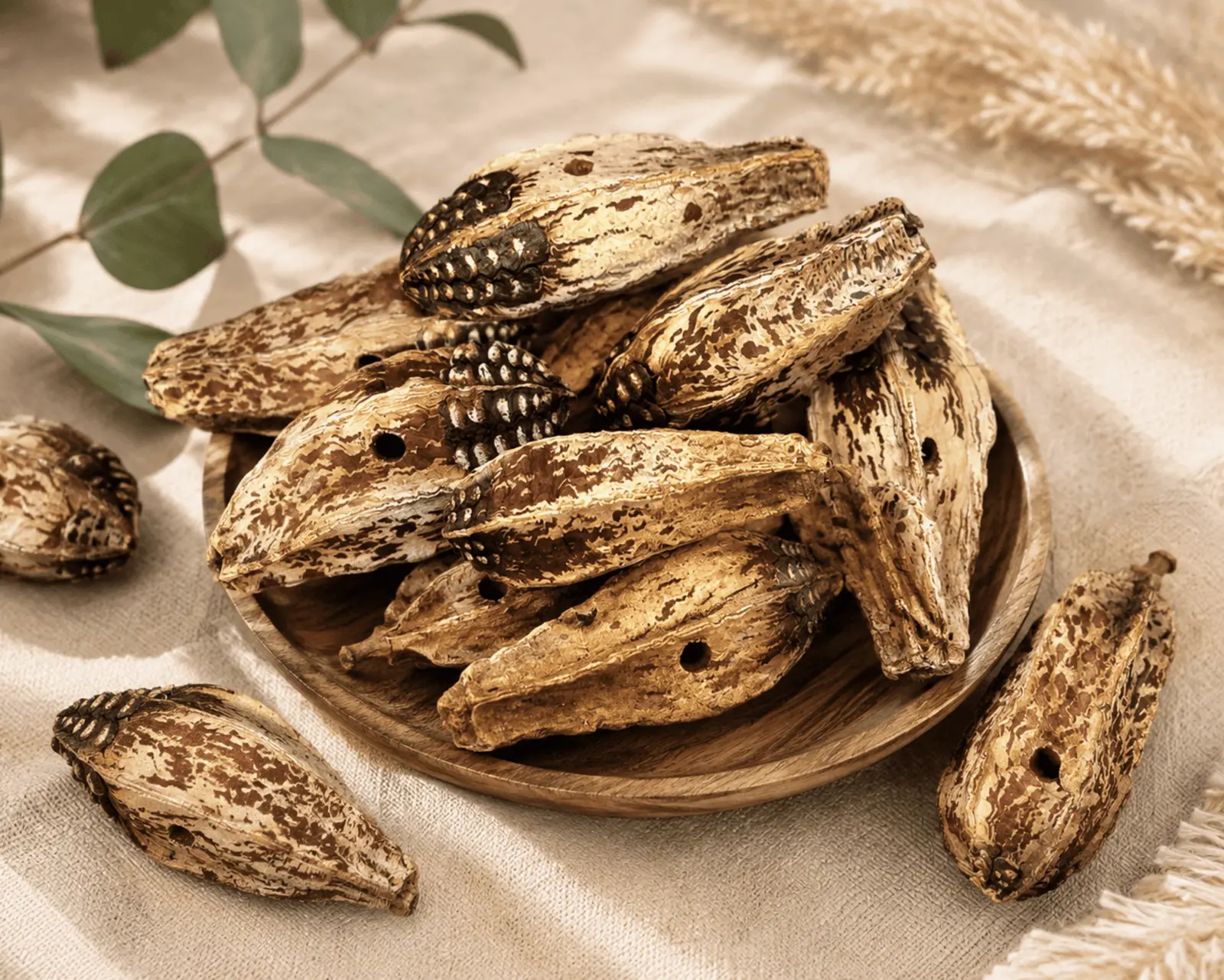 Natural Dried Mahogany Pods 50/50 Mix of Drilled & Undrilled Soft Shredding Pods